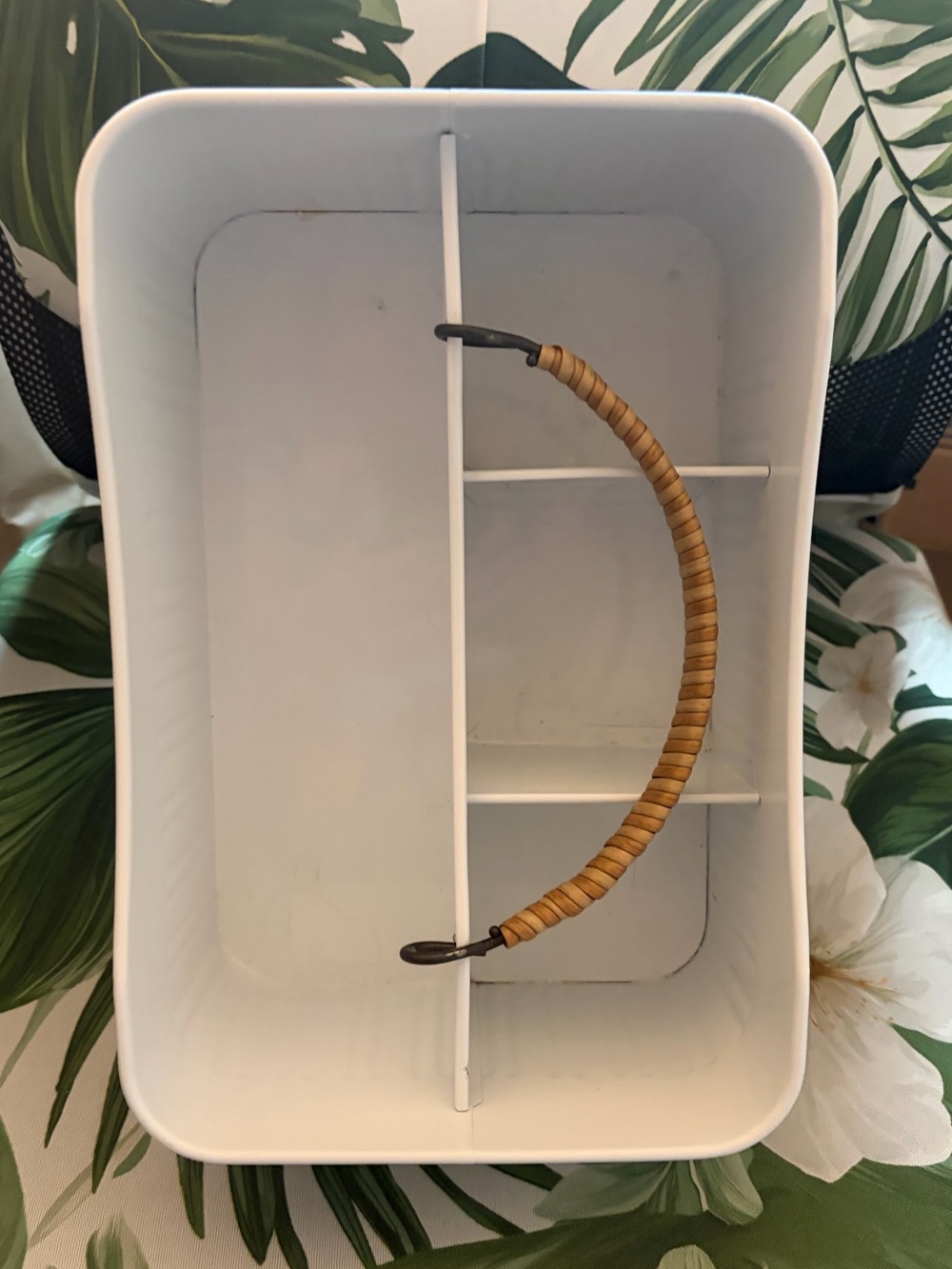 White Metal Organizer Caddy with Rattan Handle 12” long